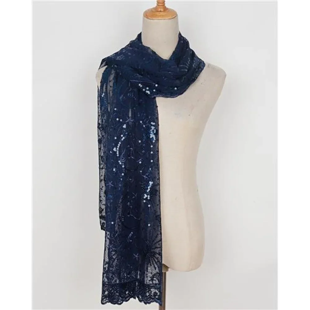 Boho Navy‎ Blue Moon & Star Sheer Mesh Sequin Embellished Shawl Wrap Scarf